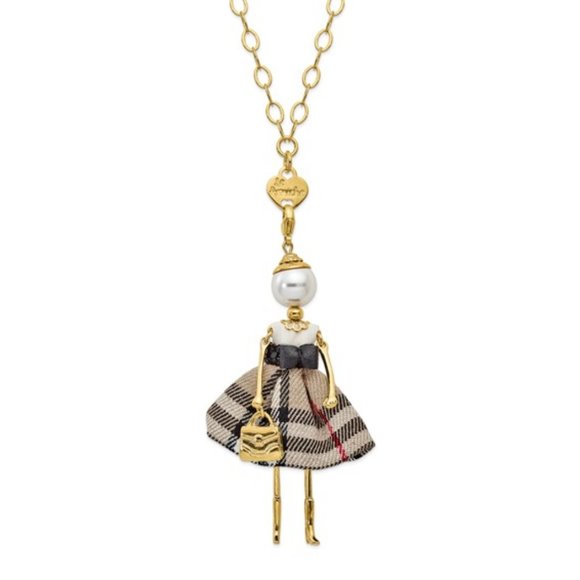 Gold-tone Faux Pearl Plaid Doll Charm with Chain - Picture 1 of 2